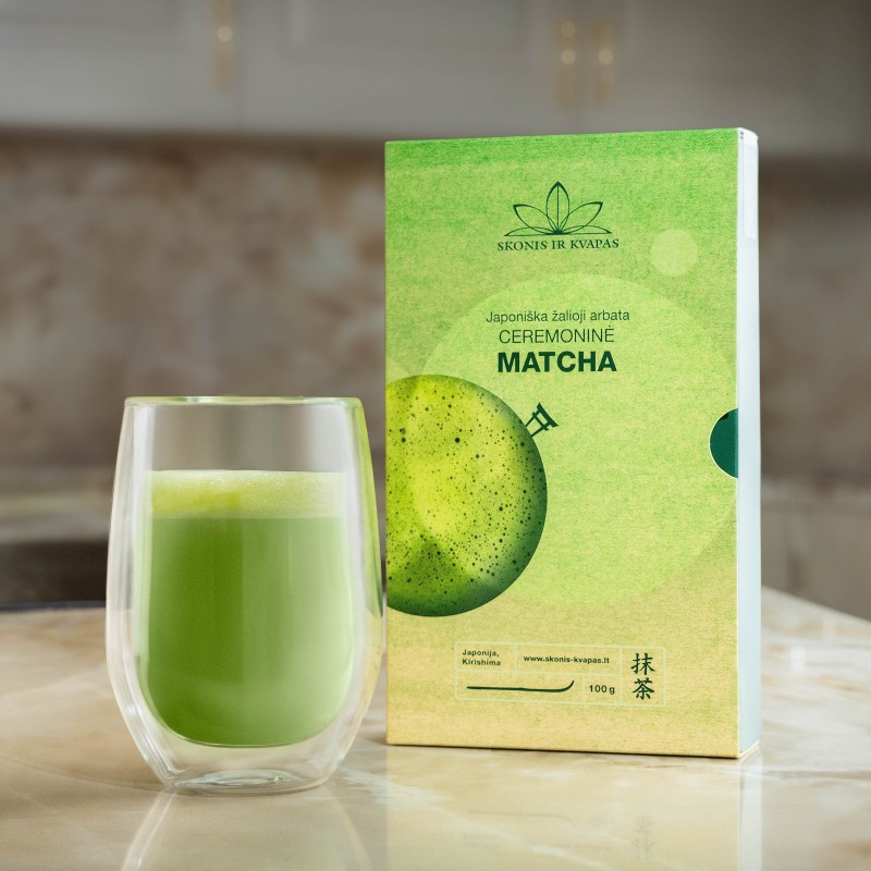 Žaliosios japoniškos ceremoninės arbatos MATCHA rinkinys su bambukiniu samteliu